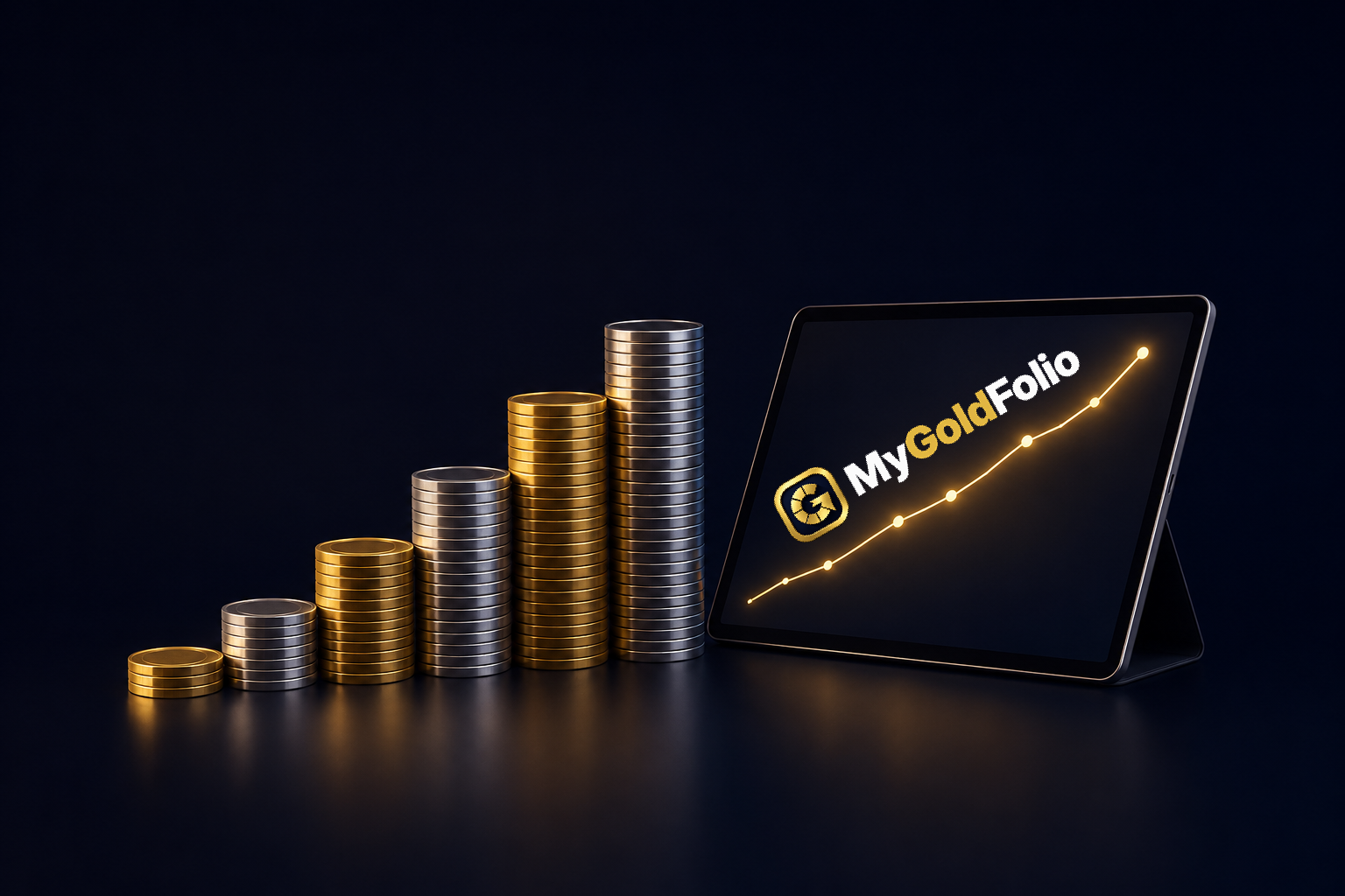 Stepped stacks of Gold and Silver coins beside a precision scale and a tablet showing a rising cost-basis chart