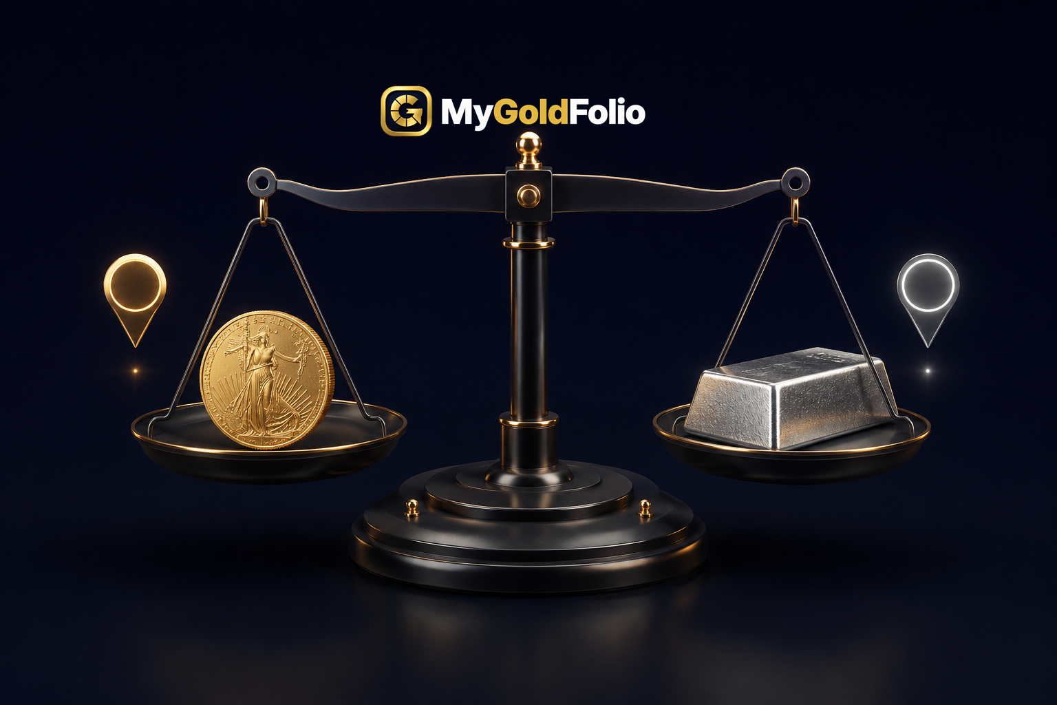 A Gold coin and a Silver bar beside a precision scale, with two small valuation markers
