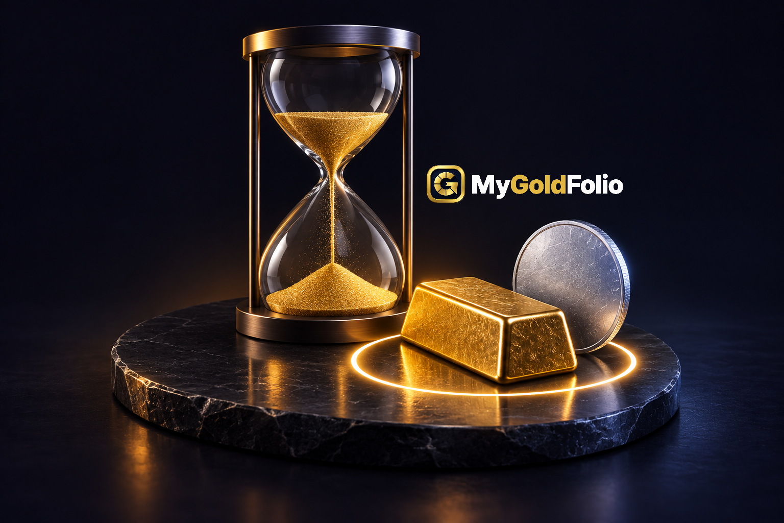 A sleek hourglass with golden sand flowing beside a pure gold bar, a silver coin, and a glowing 365-day milestone circle